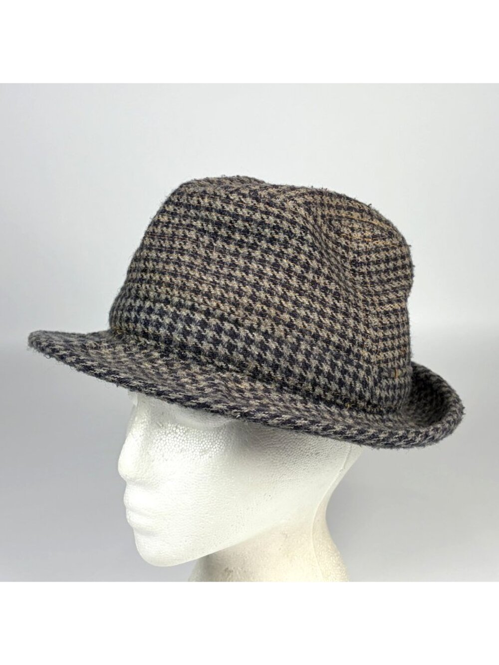 Vintage Totes Gray Houndstooth Fedora Rain Hat Satin Lining Size 7 -7 1/2